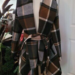 New Women's Wool Coat Couture Equestrian Preppy Luxury 2X XXL Brown Plaid